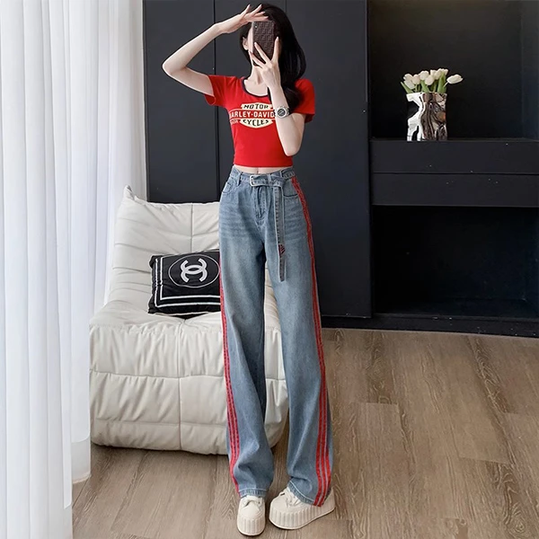 时尚流行减龄运动休闲长裤女夏装2024新款爆款显瘦牛仔阔腿裤潮牌