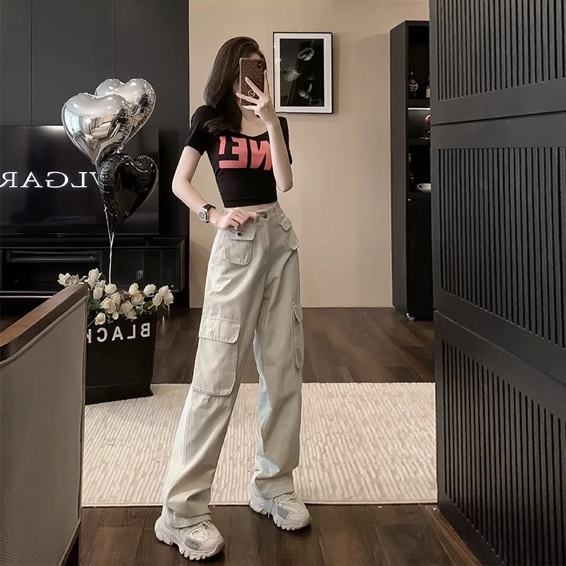 时尚休闲运动短款上衣套装女夏季2025新款高腰工装直筒裤两件套潮