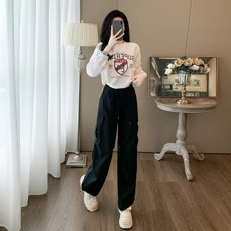 2024秋季新款白色休闲运动套装女时尚减龄印花上衣阔腿裤两件套潮