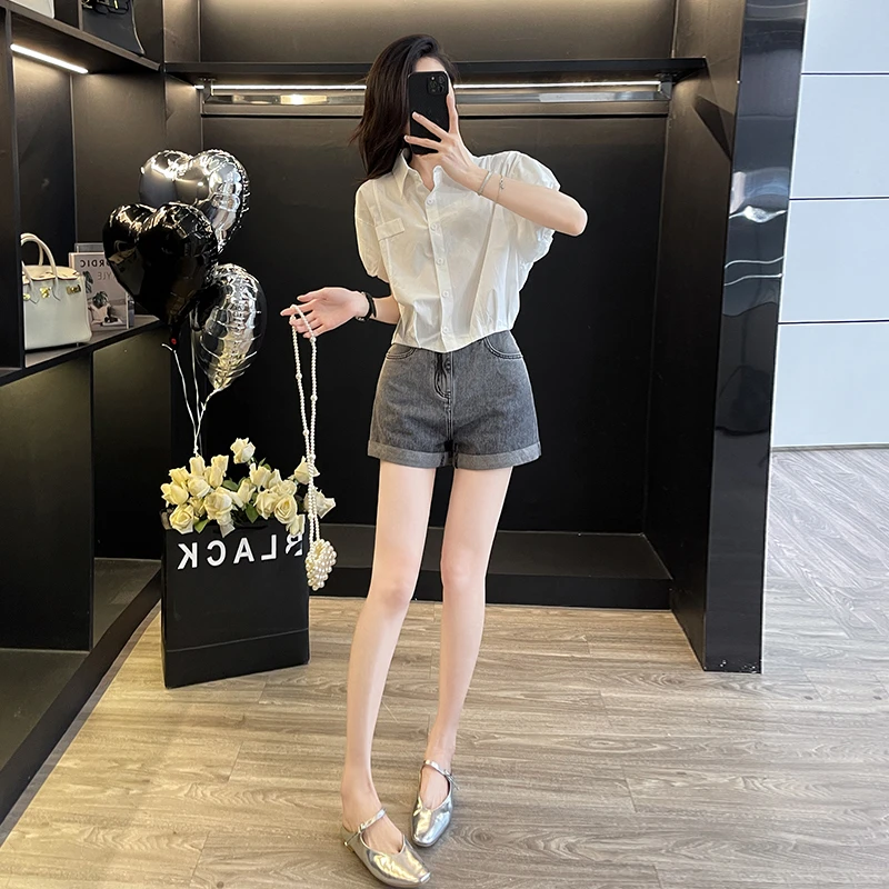 韩版减龄白色POLO领衬衫上衣女夏季2024新款高腰显瘦阔腿牛仔短裤