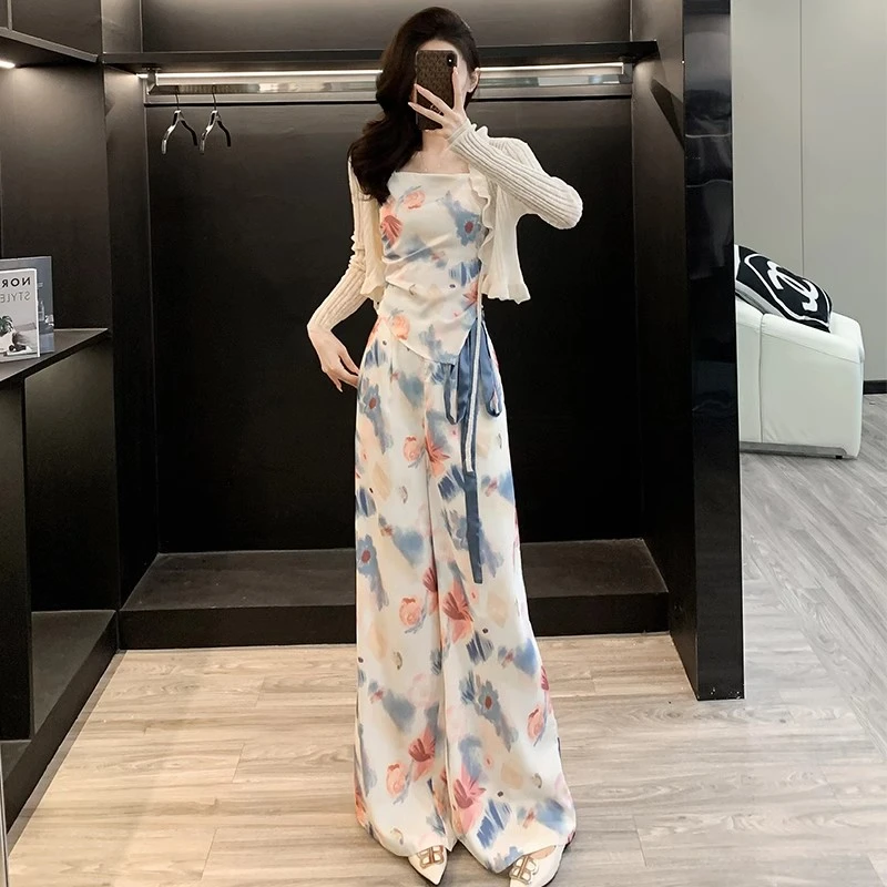 法式吊带开衫阔腿长裤三件套装女2025夏季茶系穿搭设计感时尚套装