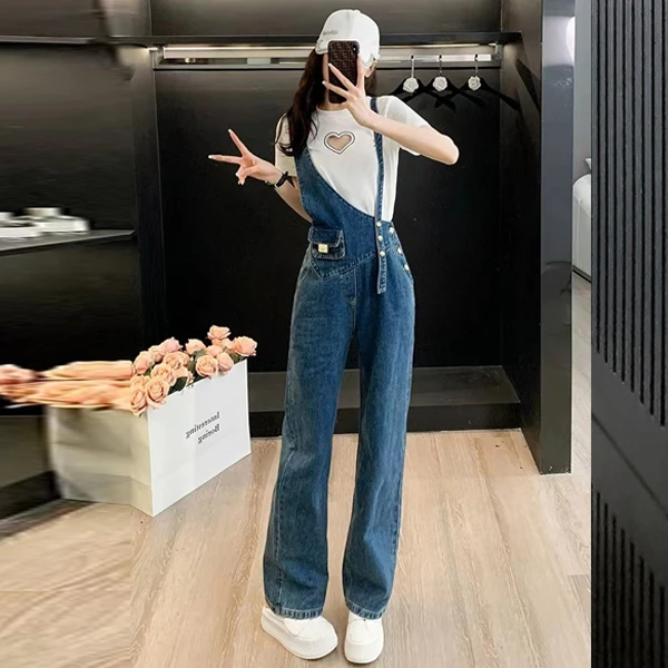 时尚连体裤女夏镂空爱心减龄T恤不规则休闲牛仔背带裤两件套装潮
