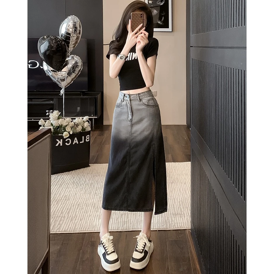 时尚气质休闲套装女夏显瘦修身短款T恤渐变开叉牛仔半身裙两件套