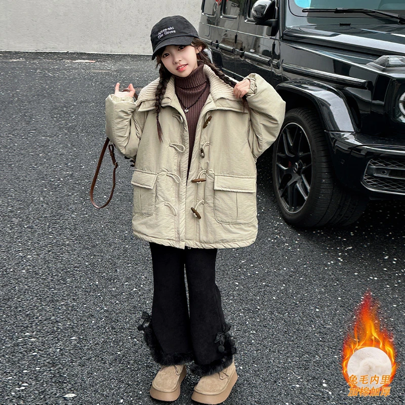 女童加绒外套秋冬款2024新款洋气女孩衣服韩系冬装女大童棉服加厚