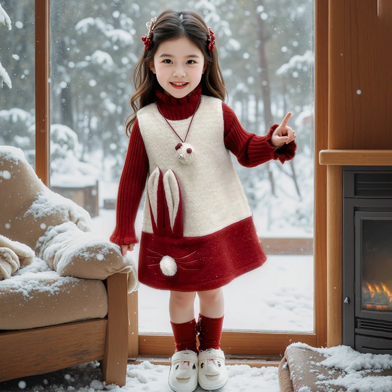 女宝宝可爱兔子年服裙套装冬季小女孩加绒加厚裙子拜年服两件套潮