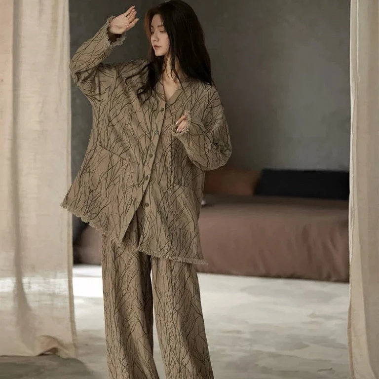 长袖睡衣女春秋季纯棉新中式家居服高级感条纹流苏边复古国风套装