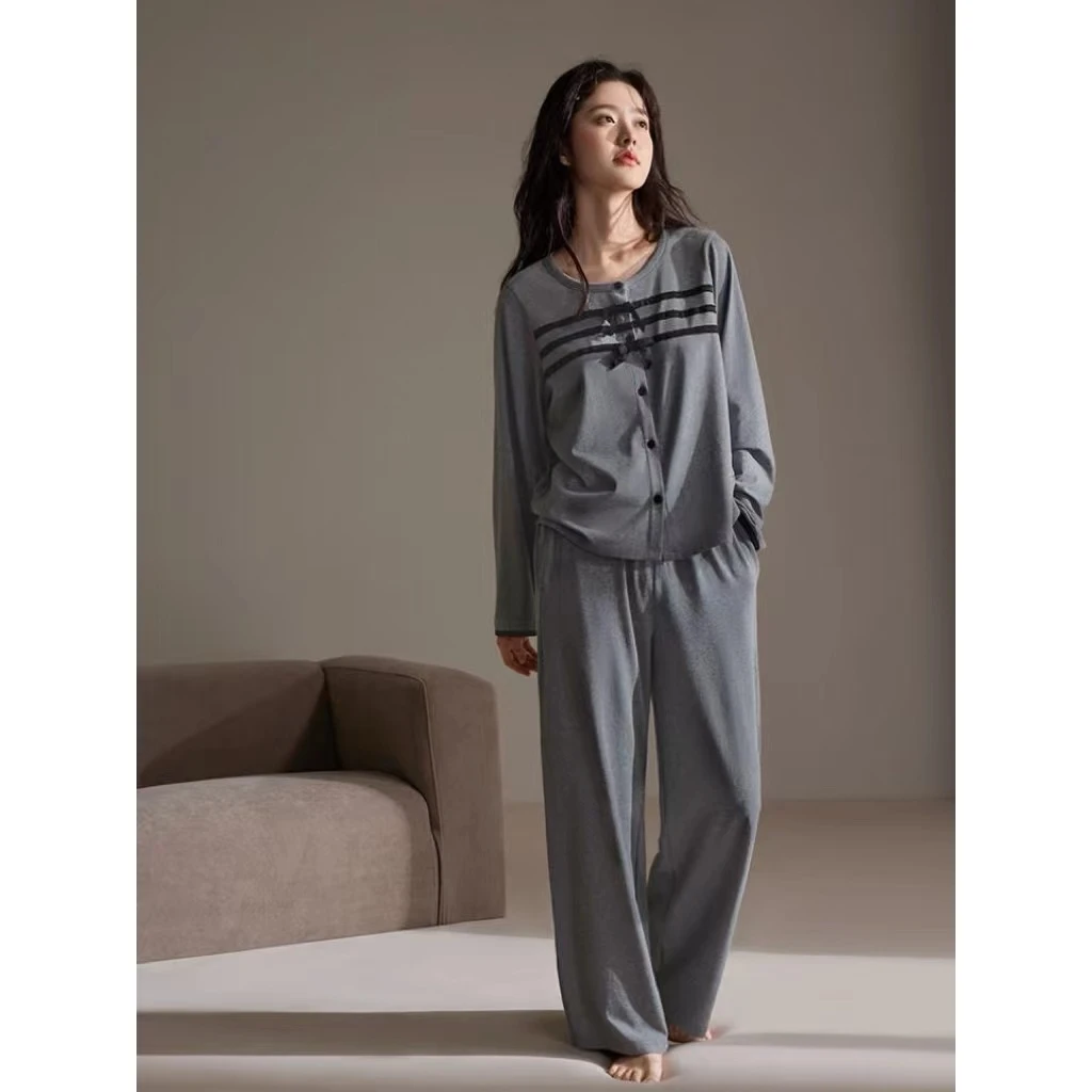 韩系甜美风纯棉长袖睡衣女春秋季圆领开衫蝴蝶结纯色家居服套装冬