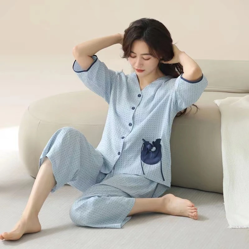 100%全棉睡衣女套装春秋款七分袖新款甜美夏季女款夏款家居服