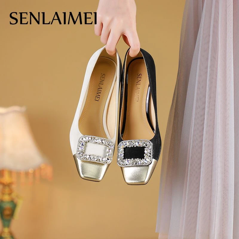 女士高跟鞋/6cm/牛皮/33-40/8682方头细跟高跟鞋女水钻浅口一脚蹬