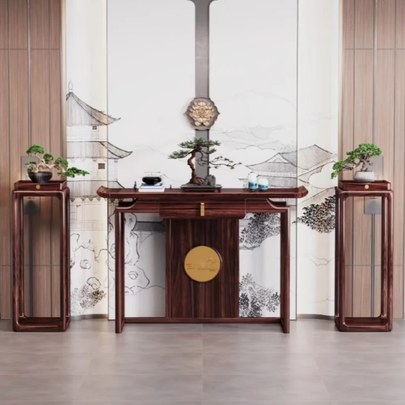 新中式实木轻奢玄关柜家用乌金木家具入户靠墙禅意客厅中堂储物柜