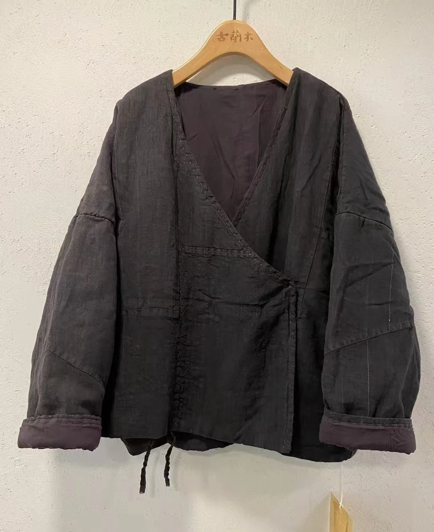 古兰木原创设计亚麻复古棉衣系带