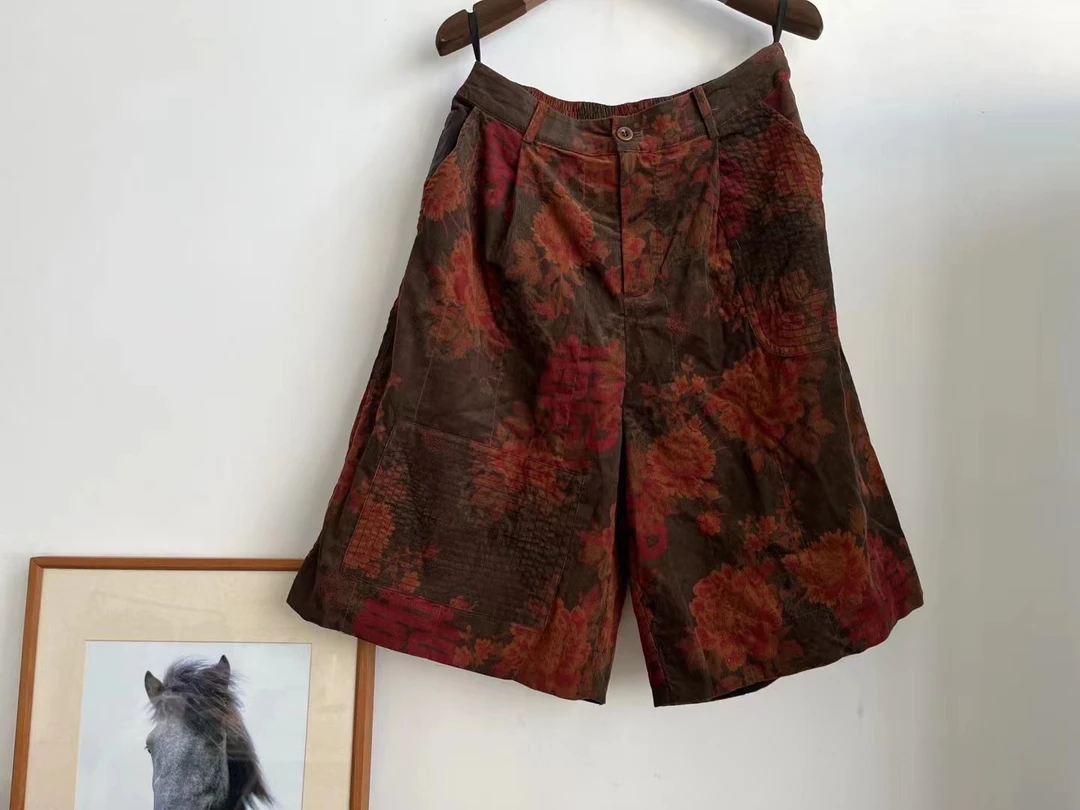 荼品牌品牌棉松紧腰红花短裤双层