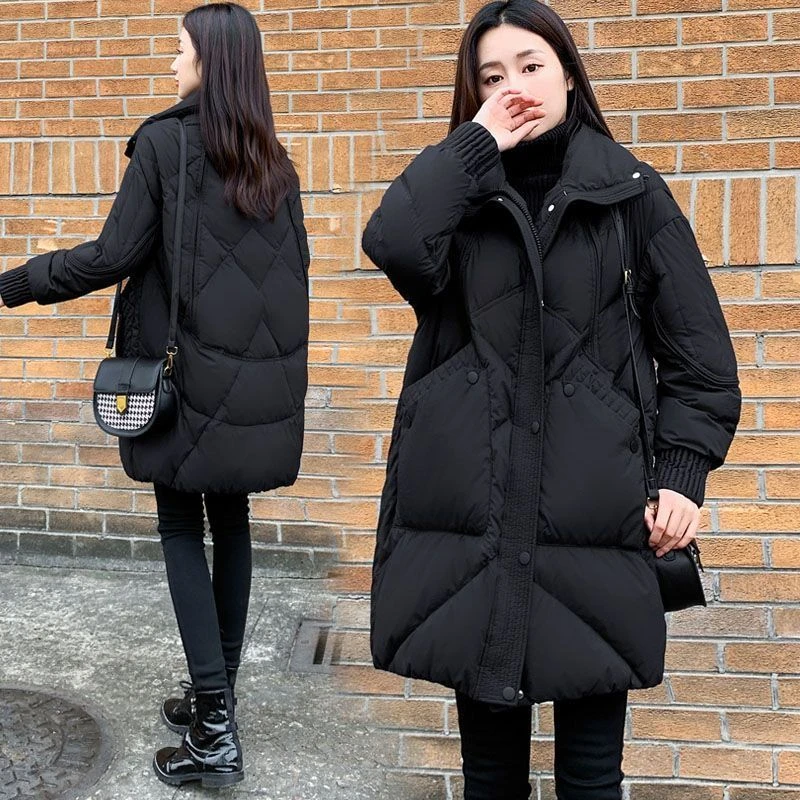 黑色棉服女冬加厚2023年新款中长款宽松大码时尚洋气白绒外套