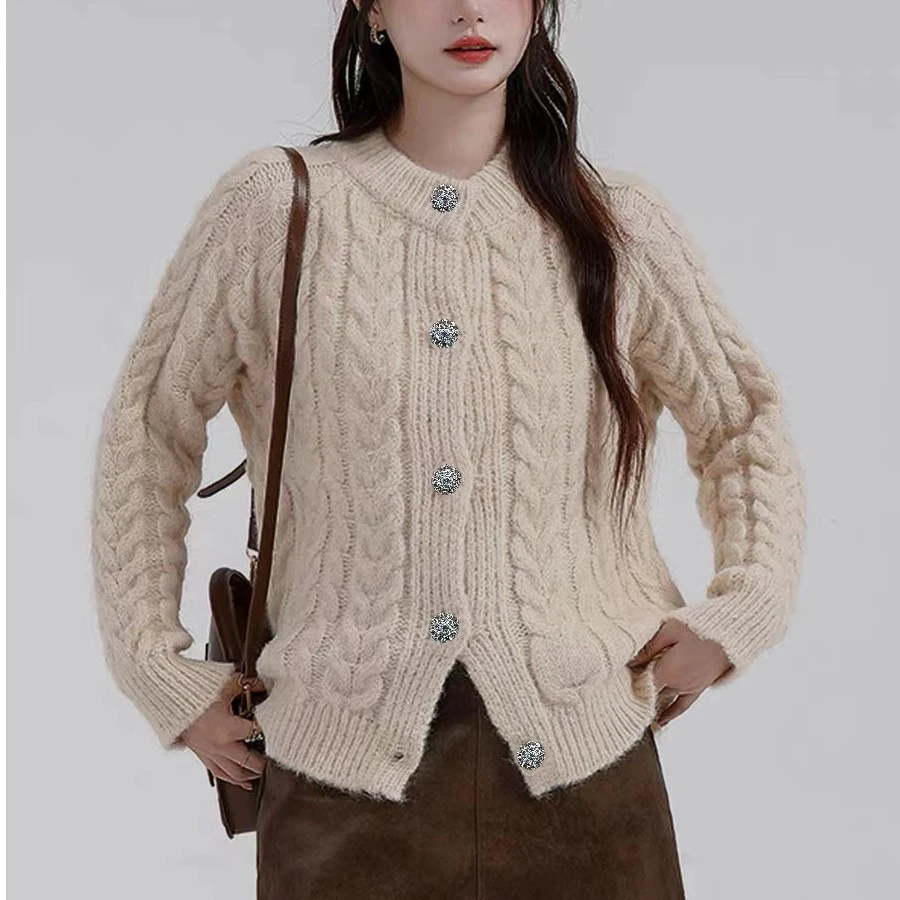 C259-慵懒风宽松麻花毛衣2023秋冬新款针织开衫