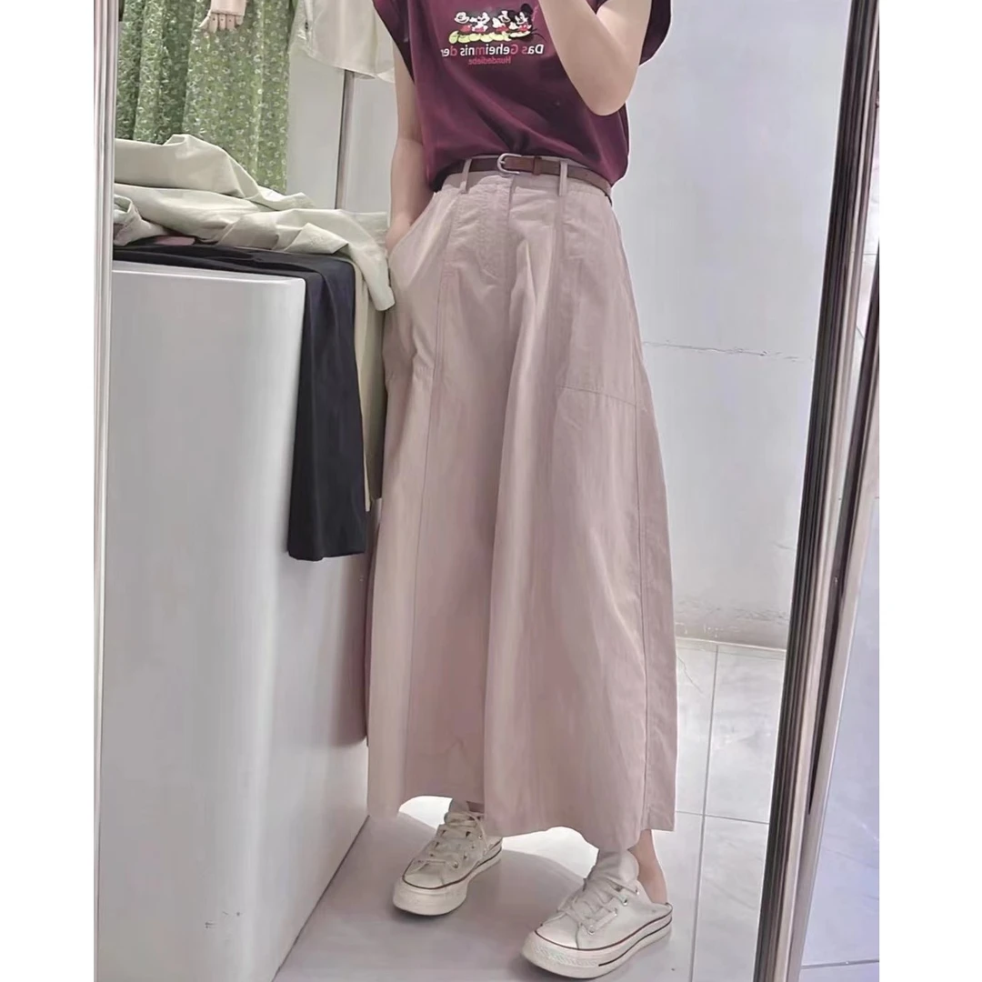C127-复古日系洗水棉半身裙女春夏中长款洋气百搭遮胯休闲大摆裙