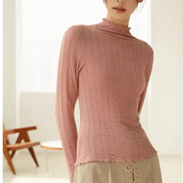 C282-泡泡棉蕾丝打底衫女秋冬毛衣内搭洋气长袖保暖内衣女士上衣