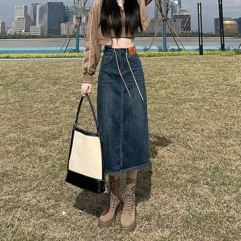 C157-【高货】后开叉牛仔半身裙女夏季新款高腰中长款显瘦包臀裙