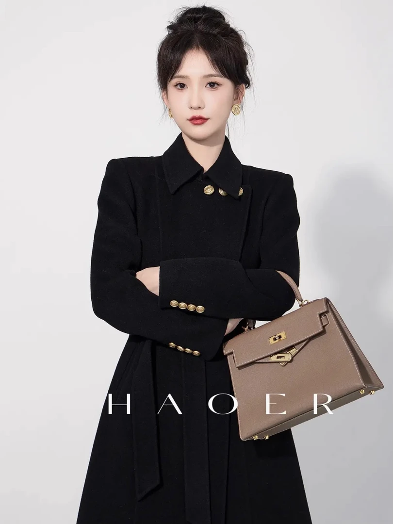 黑色气质双面羊毛大衣女2025秋冬新款正肩腰带中长款过膝毛呢外套