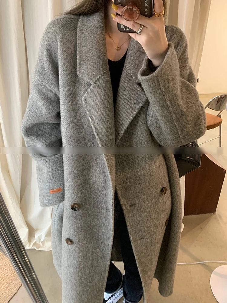 软糯双面羊毛大衣女加厚茧型宽松大板灰色阿尔巴卡羊毛呢外套秋冬