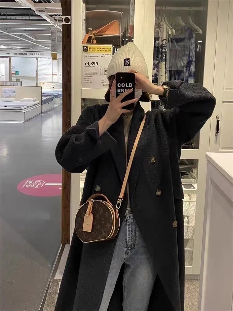 专柜品质韩版西装领双排扣双面羊毛大衣女秋冬中长款羊毛呢外套女