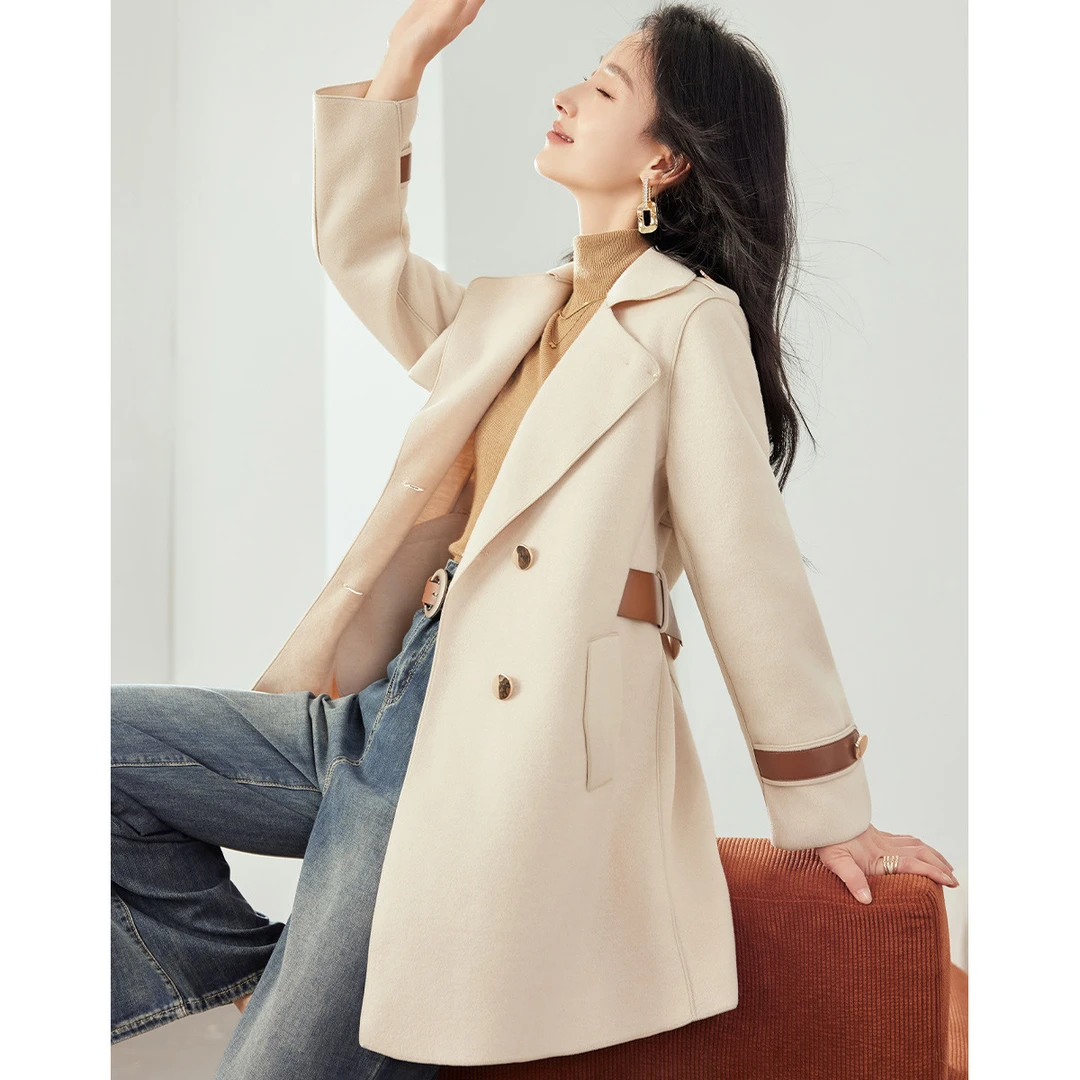 时尚气质显瘦收腰双排扣长款双面呢大衣3134030011