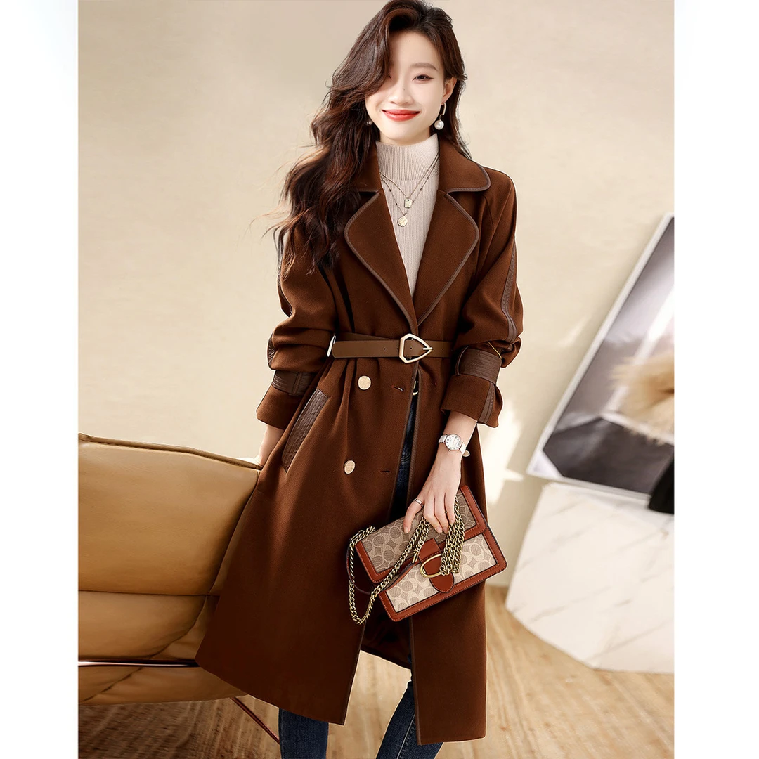 时尚气质中长款皮料拼接宽松收腰通勤单面呢大衣3724030002