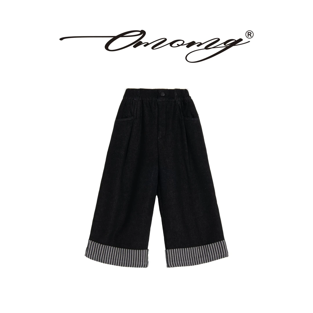 OMOMG女童高腰牛仔裤直筒黑色百搭复古宽松休闲裤针织复古X69666