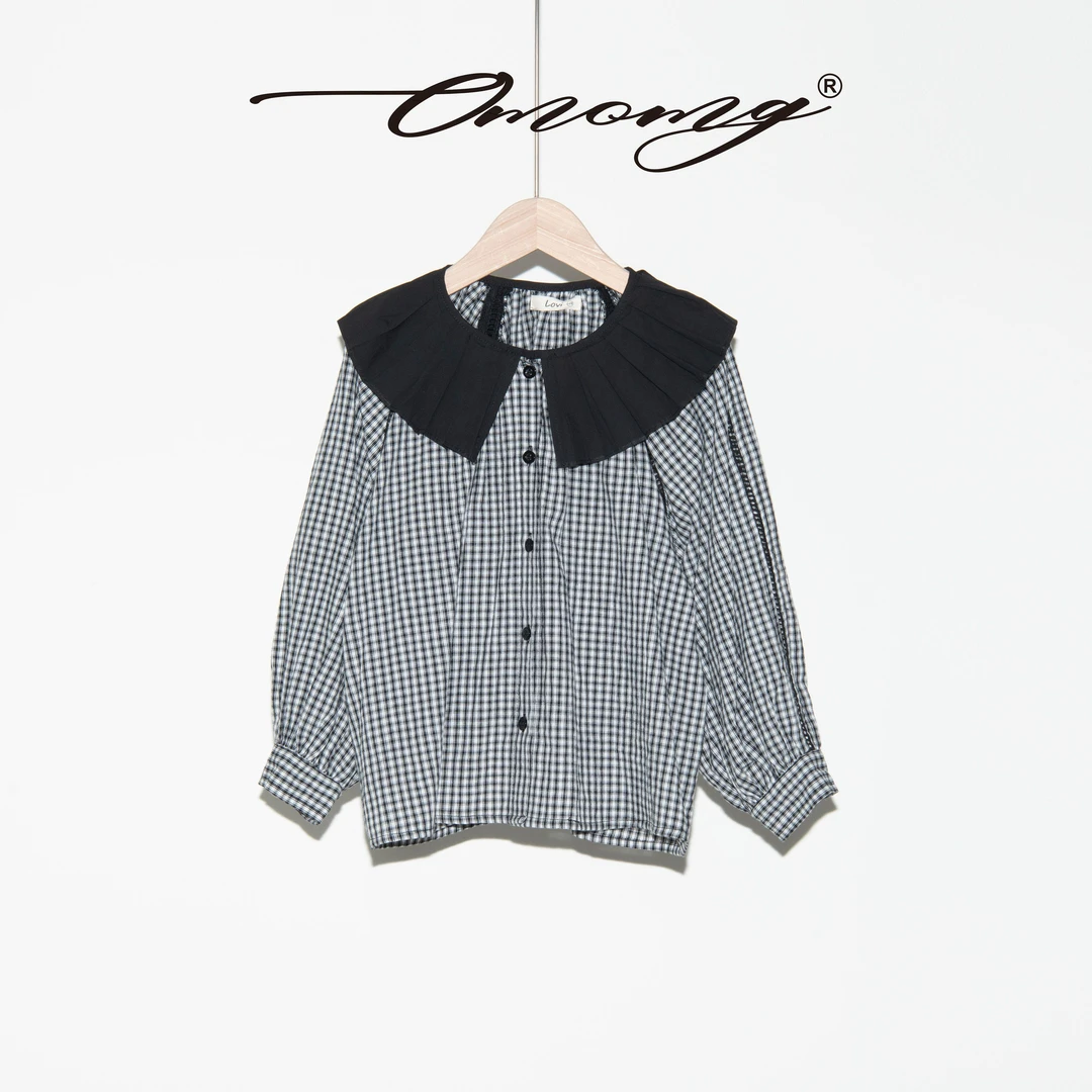 OMOMG女童休闲时尚百搭黑白千鸟格衬衫O24C03011