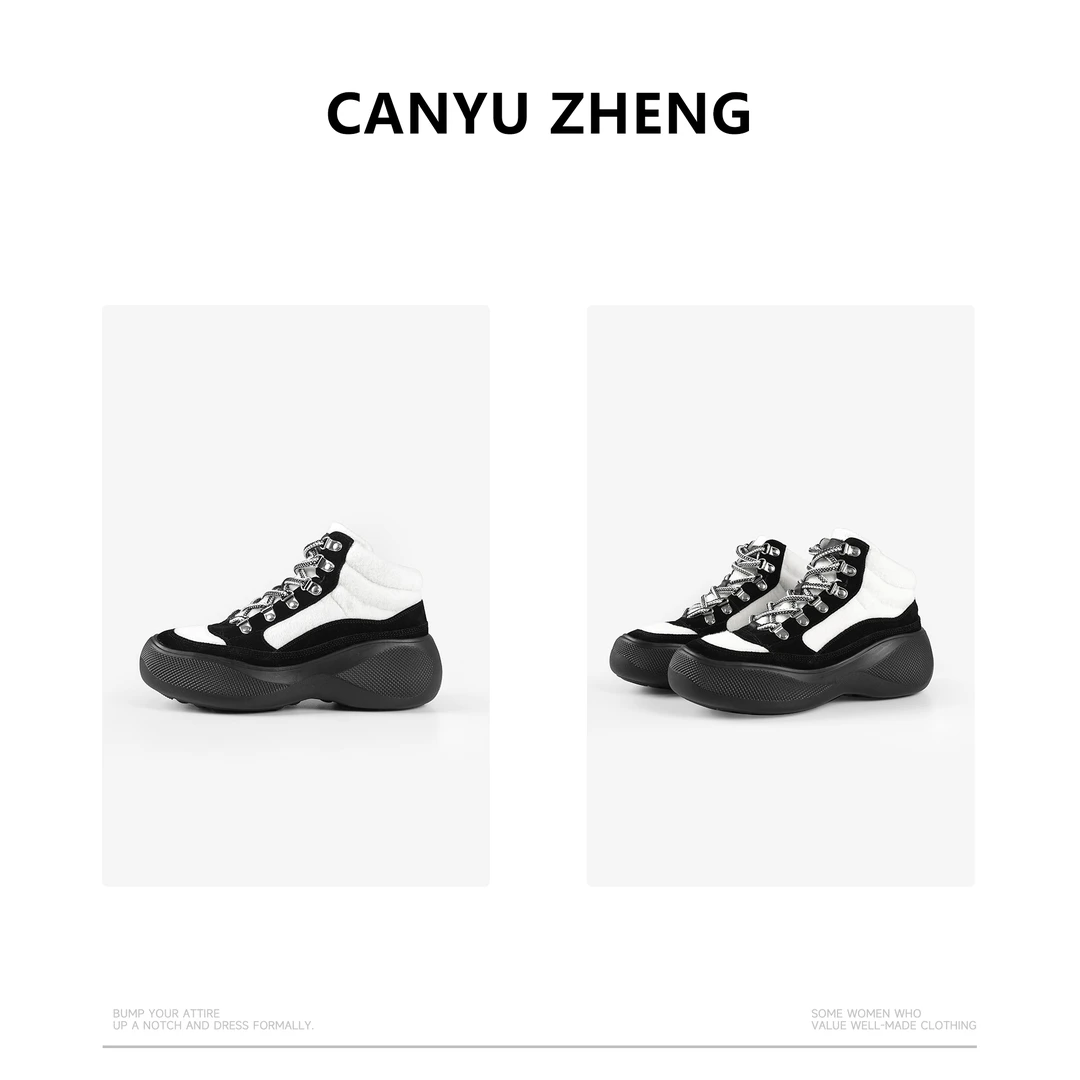 小胡哥&CANYU ZHENG 冬季 香+“黑白熊猫” 圆头加绒牛猄皮老爹鞋