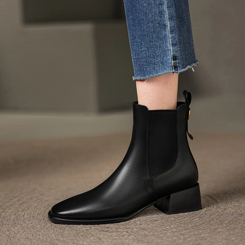 真皮断码清仓方头烟筒切尔西靴女短靴2025秋冬新款中跟粗跟马丁靴