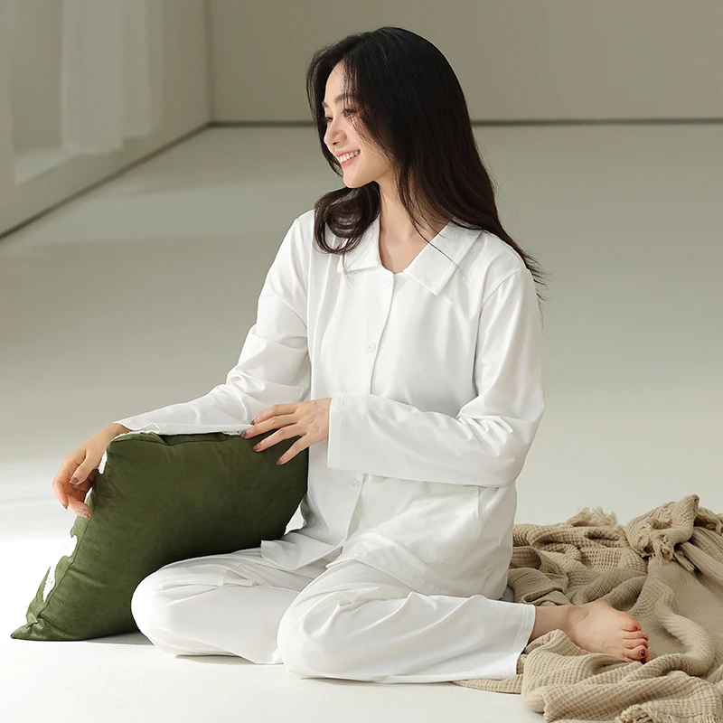 MILORD【纯净白】时尚女士长袖长裤睡衣家居服纯色纯棉拉架休闲秋冬