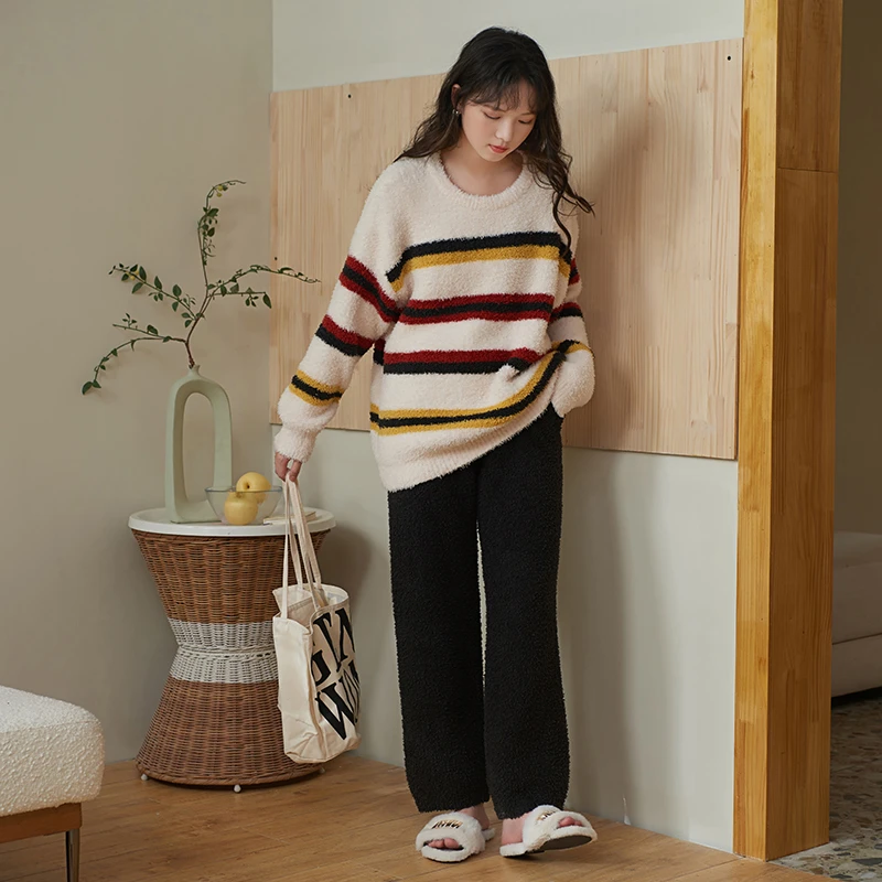 MILORD【彩纹暖衣】时尚女士长袖半边绒休闲秋冬保暖保温家居服外穿