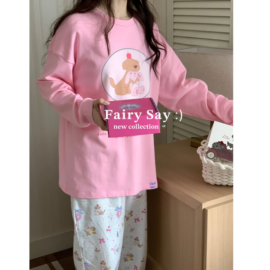 MILORD【丘比特猫粉色T恤】时尚女长袖纯棉睡衣家居服休闲秋可外穿