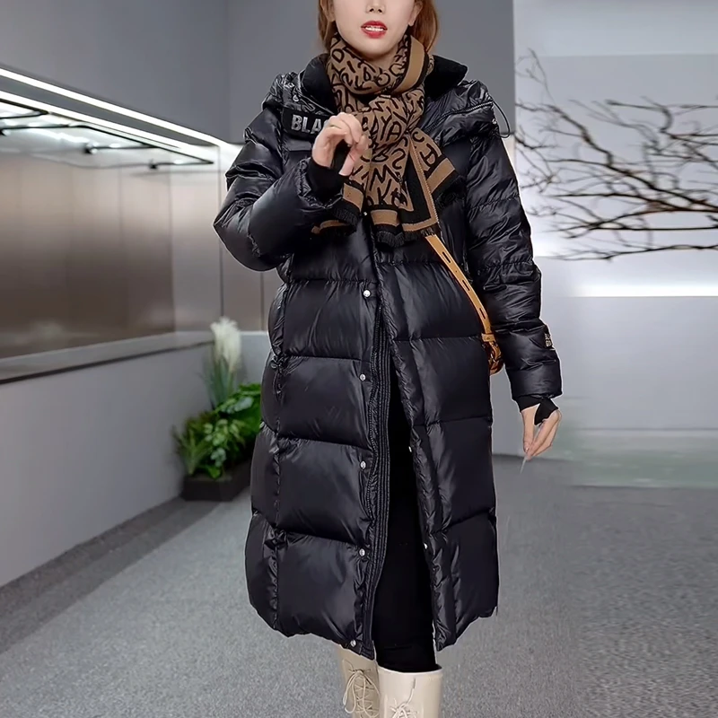 男女同款 黑色长款羽绒服女百搭连帽冬季宽松加厚保暖外套