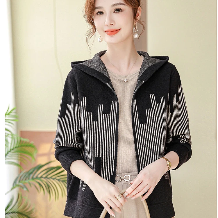 中老年连帽开衫厚外套妈妈装 时尚洋气针织衫