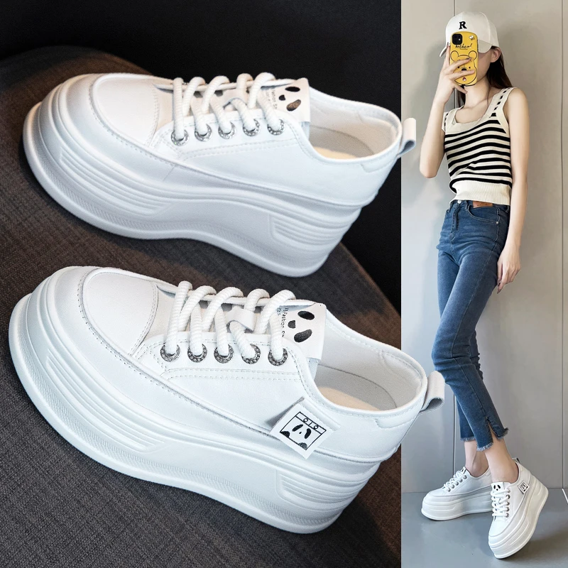 内增高9cm厚底小白鞋女显瘦真皮松糕鞋2025秋季新款ins百搭休闲鞋