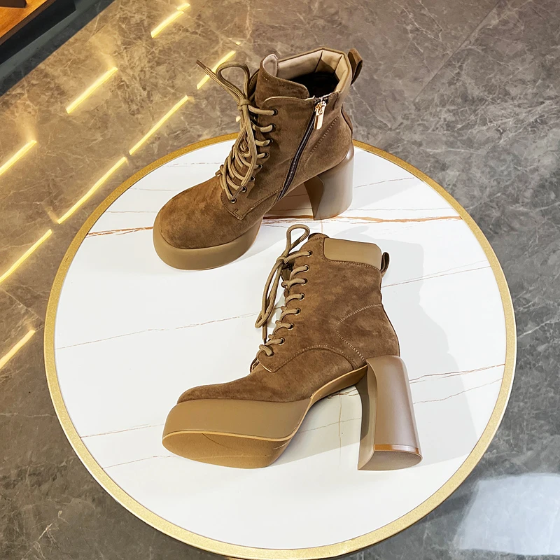 厚底短靴女粗跟2023年秋冬新款加绒系带绒面时尚英伦风高跟马丁靴