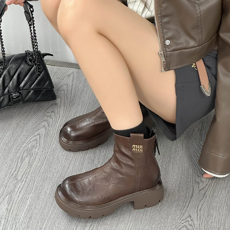 复古英伦风百搭方头粗跟时装短靴2024年冬季新款加绒马丁靴棉鞋女