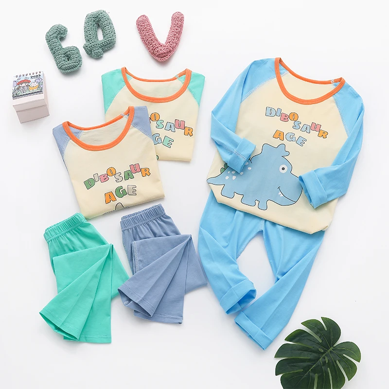 儿童夏季空调服男童女童长袖纯棉薄款卡通宽松中大童内衣套家居服