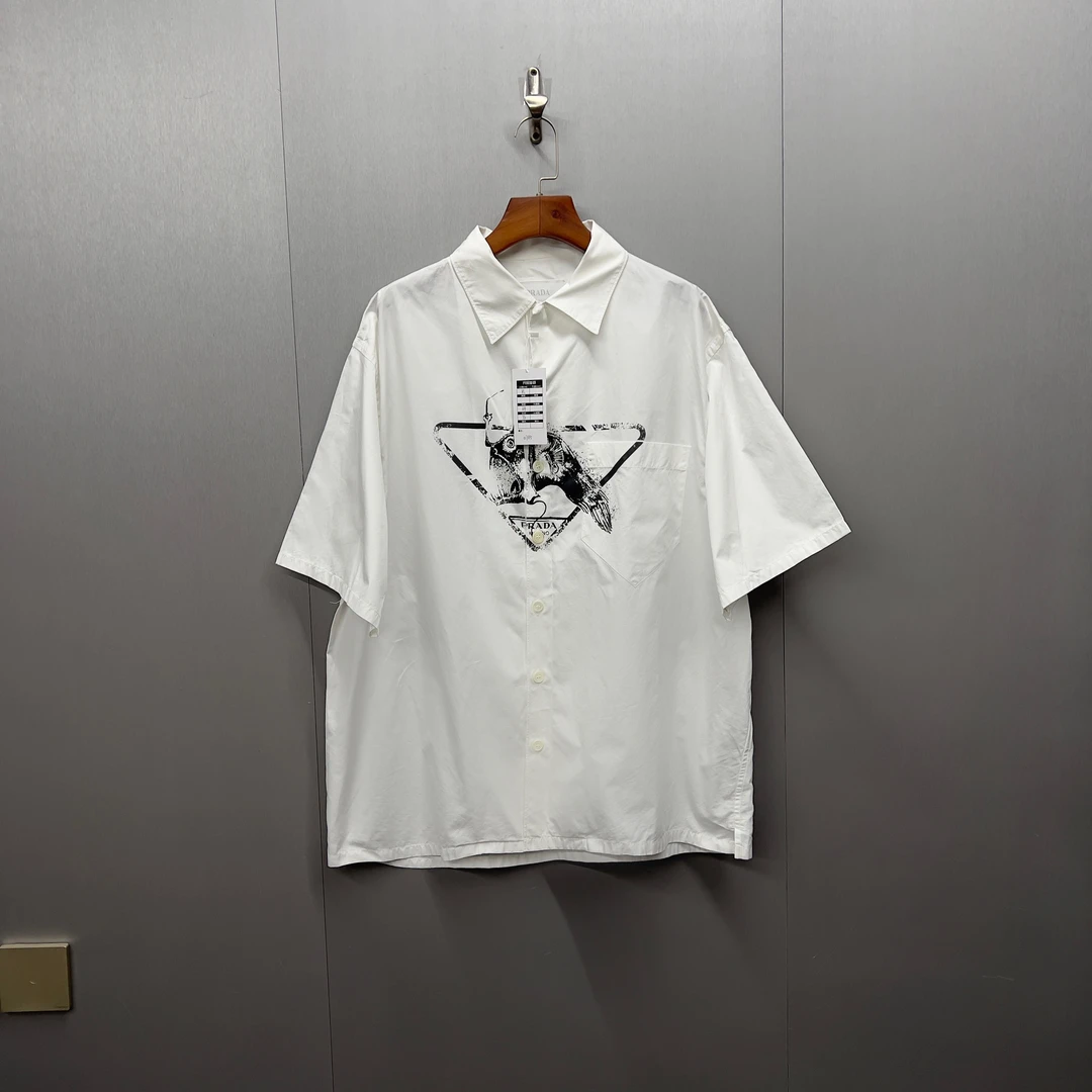 99新/Prada普拉达经典三角标图案Logo立体短袖衬衫/XL宽松/07115