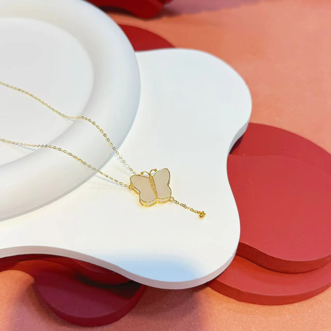 【红娘子】18K金镶嵌高货白玉蝴蝶套链HNZ7632