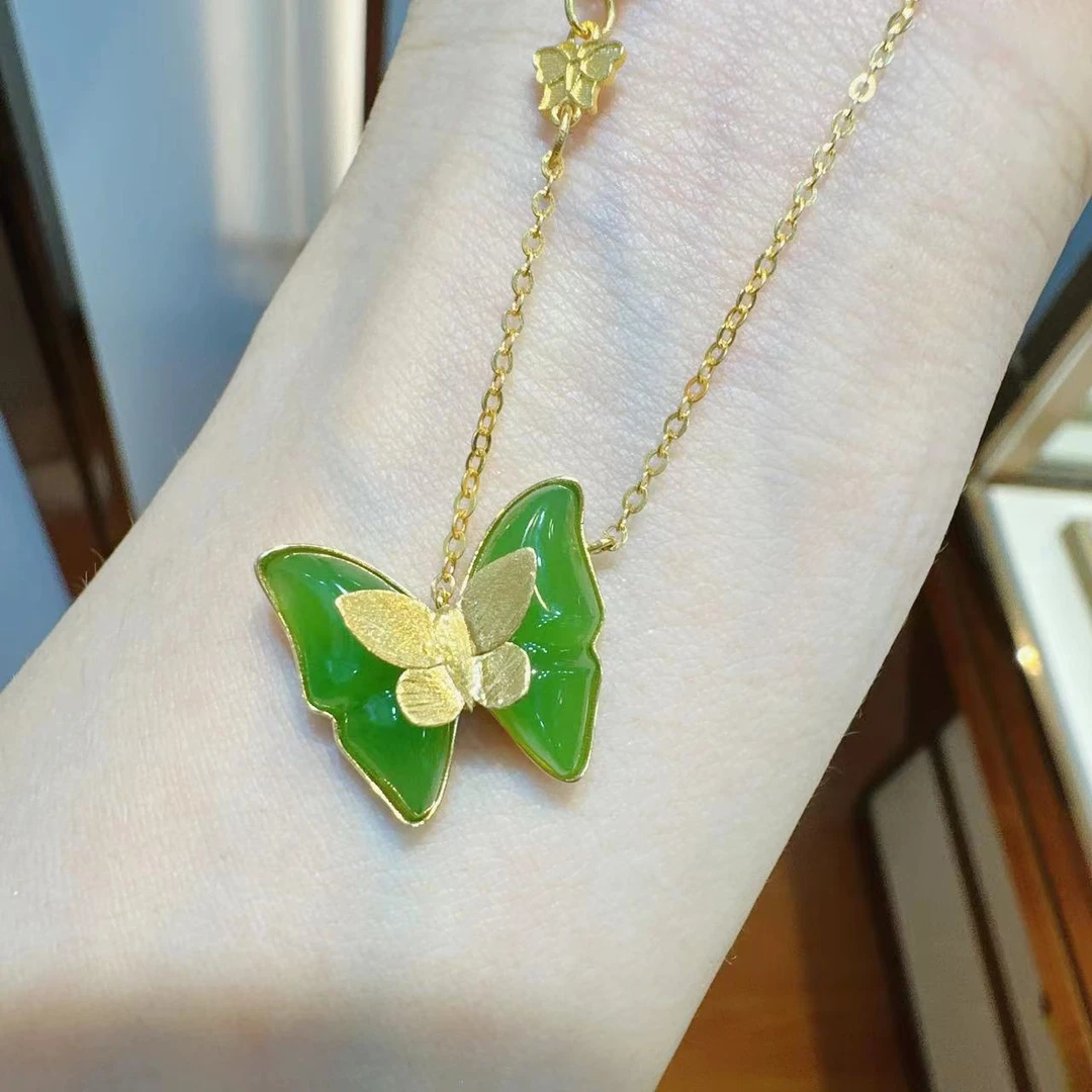18K金镶嵌和田玉苹果绿蝴蝶套链HNZ4765