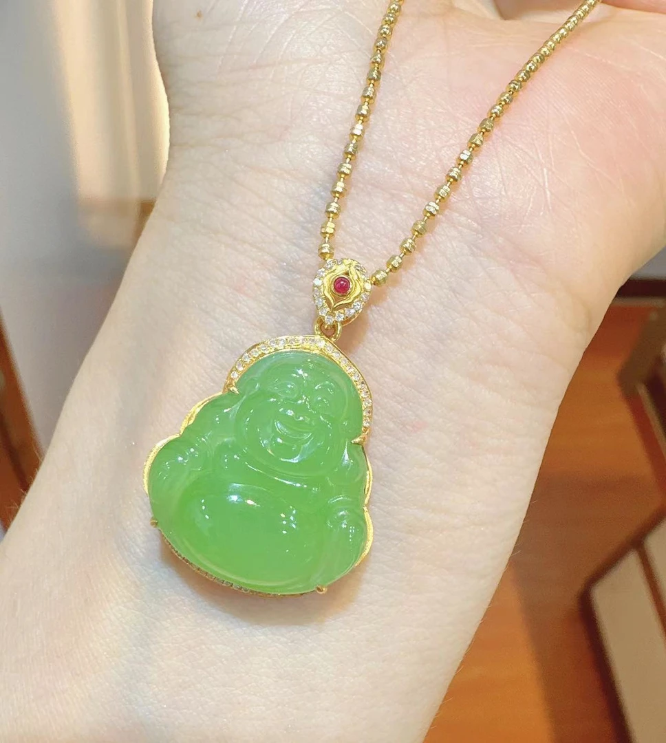 【红娘子】18K金重金封底镶嵌20mm和田玉苹果绿大佛HNZ6905