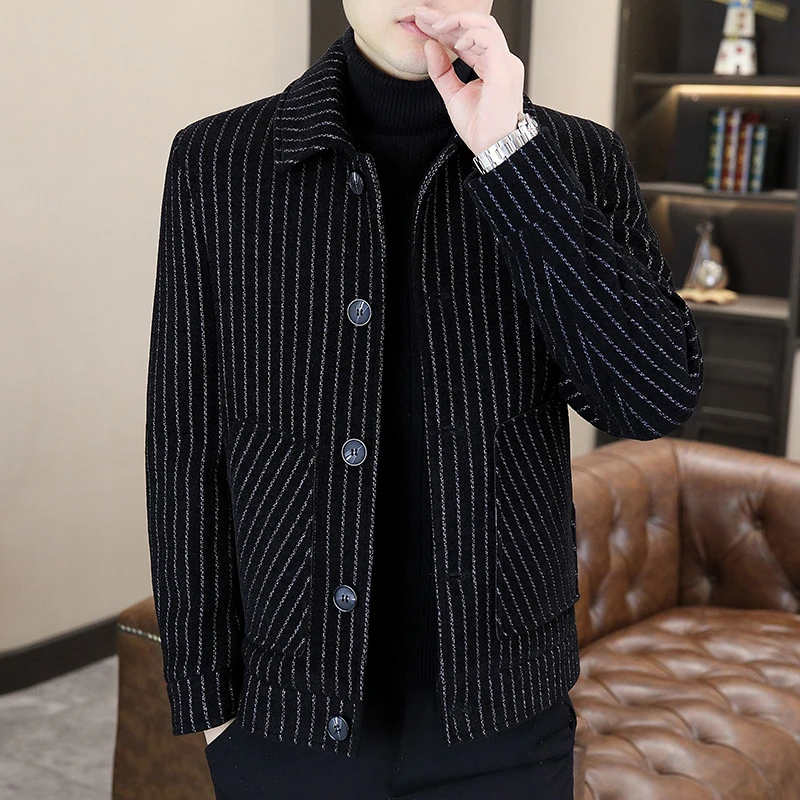 高档翻领条纹加厚毛呢外套男士秋冬保暖时尚休闲品质男装呢子大衣