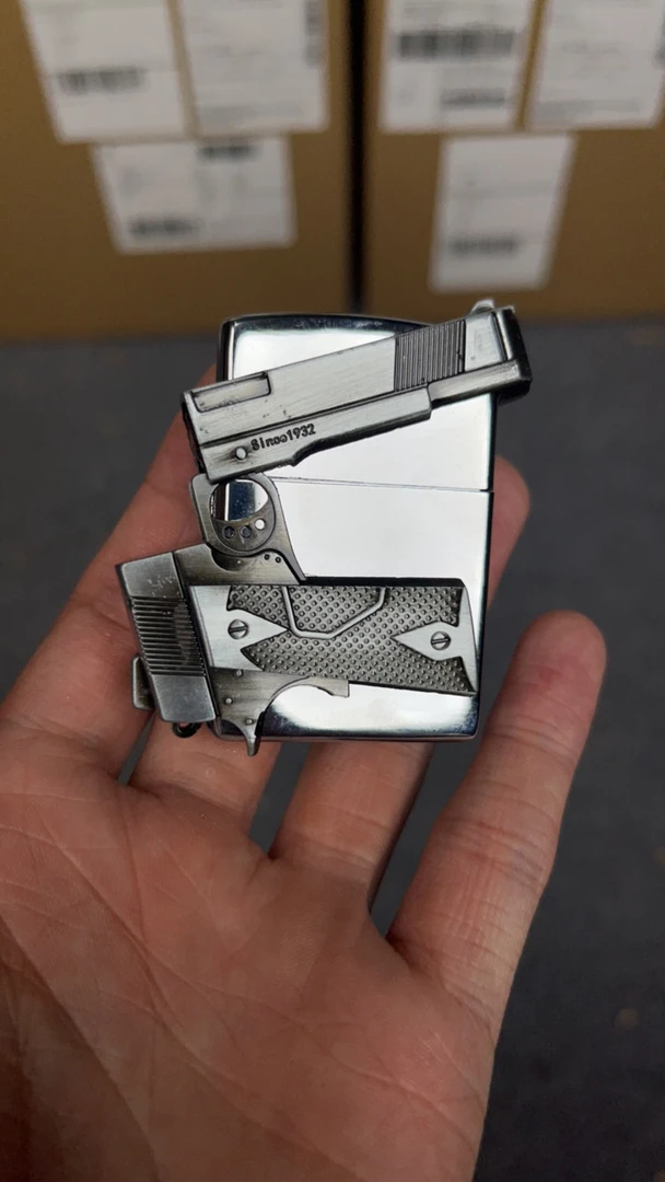 银色3D浮雕镶嵌银手枪工艺防风防爆打火机1206