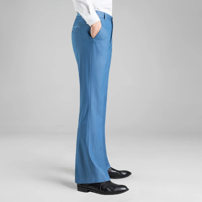 春夏新款高腰裤男士垂感宽松弹力喇叭裤百搭蓝色休闲裤微喇叭西裤