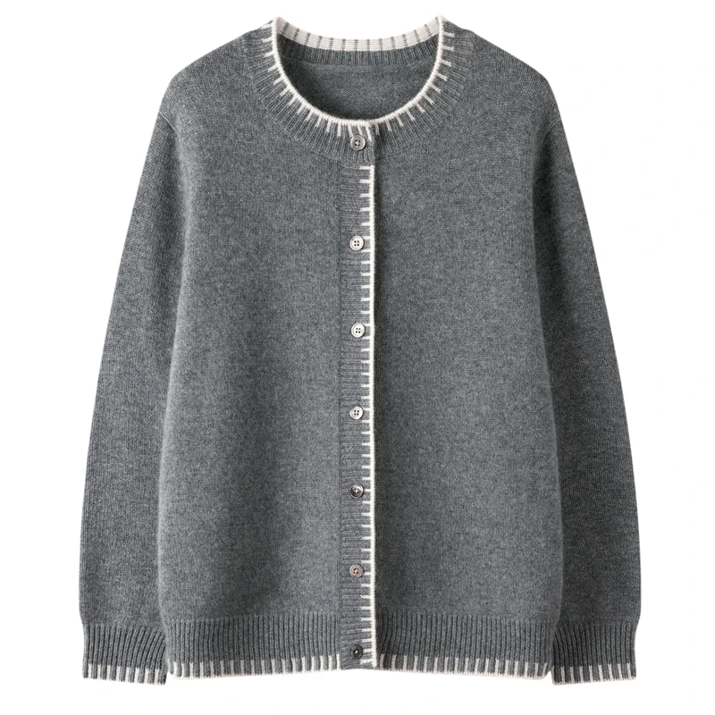 【BC~锯齿拼色开衫】100%山羊绒康赛妮开衫加厚圆领长袖外套针织衫