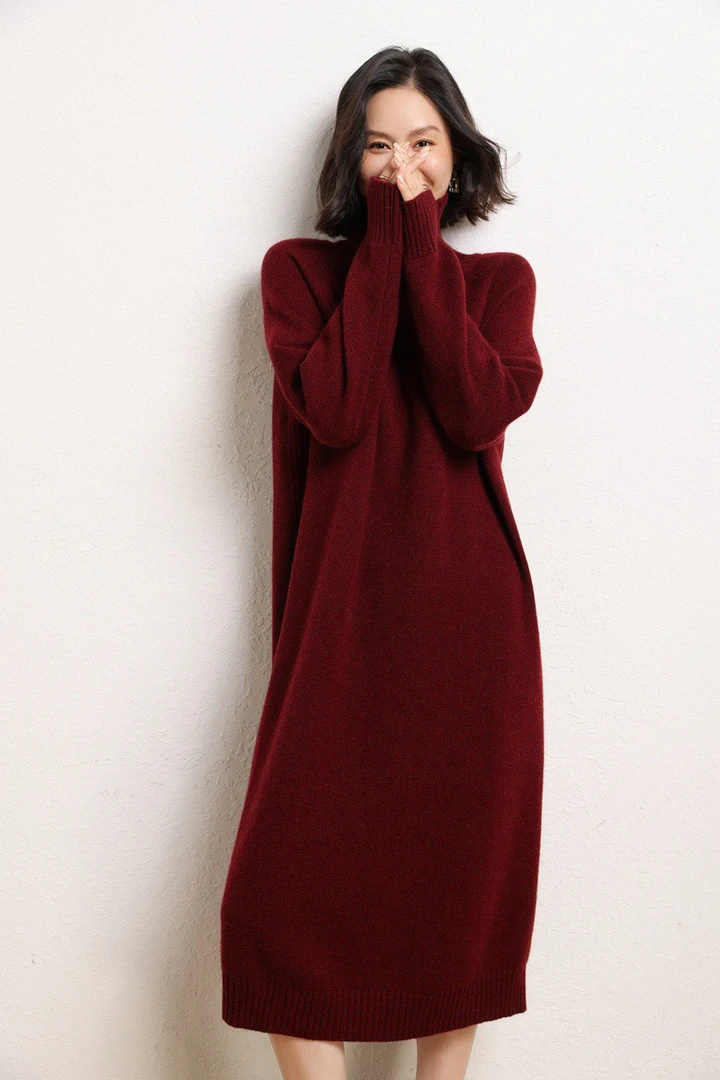 【新年战袍】100%纯山羊绒连衣裙重工羊绒裙加厚中长款针织宽松长裙