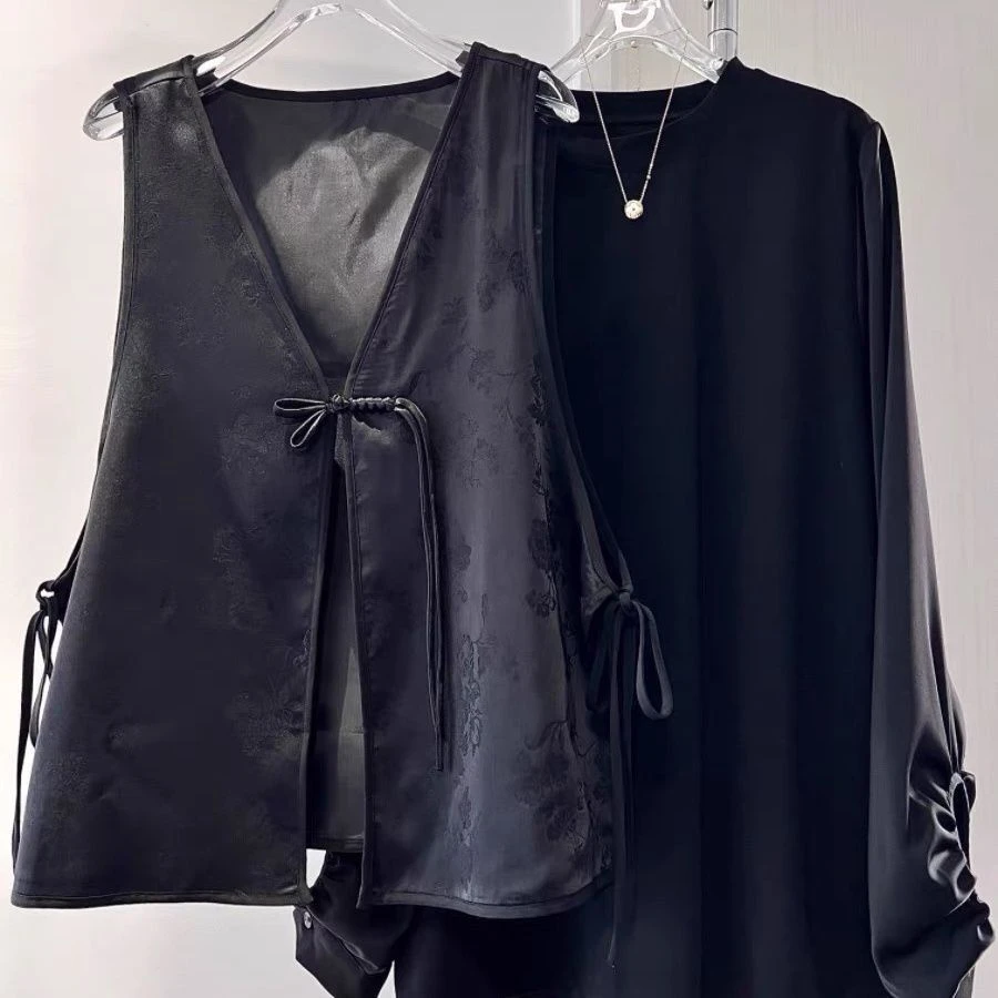 新中式国风提花马甲上衣两件套女2024春季新款设计感长袖衬衫套装