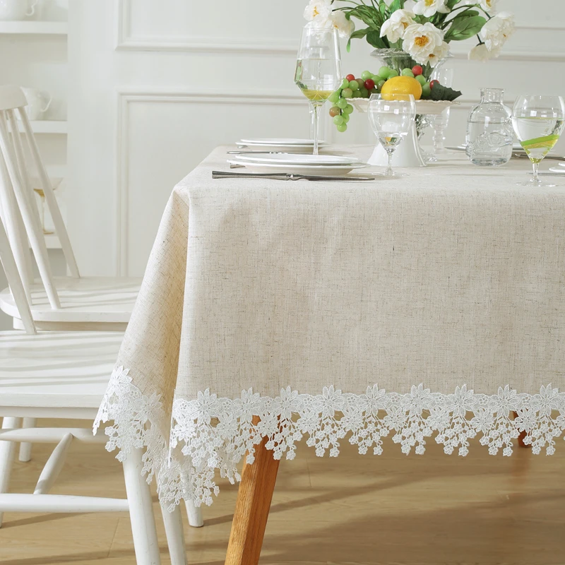 唯米9978简约美式麻棉蕾丝家用小圆桌布茶几布百搭长方形餐桌布艺